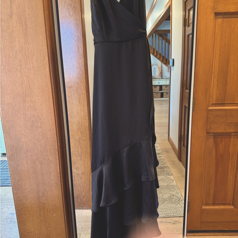 🌟 NWT BLACK MAXI GOWN ruffle hem Nine West faux wrap  Small-PARTY EVENING DRES